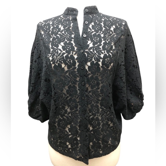COTTON ON Black Lace Puff Sleeve Button Front Blouse - Picture 1 of 7